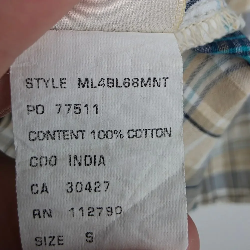 True Religion Tan & Blue Plaid Western Cotton Long Sleeve Pearl Snap Shirt Sz S